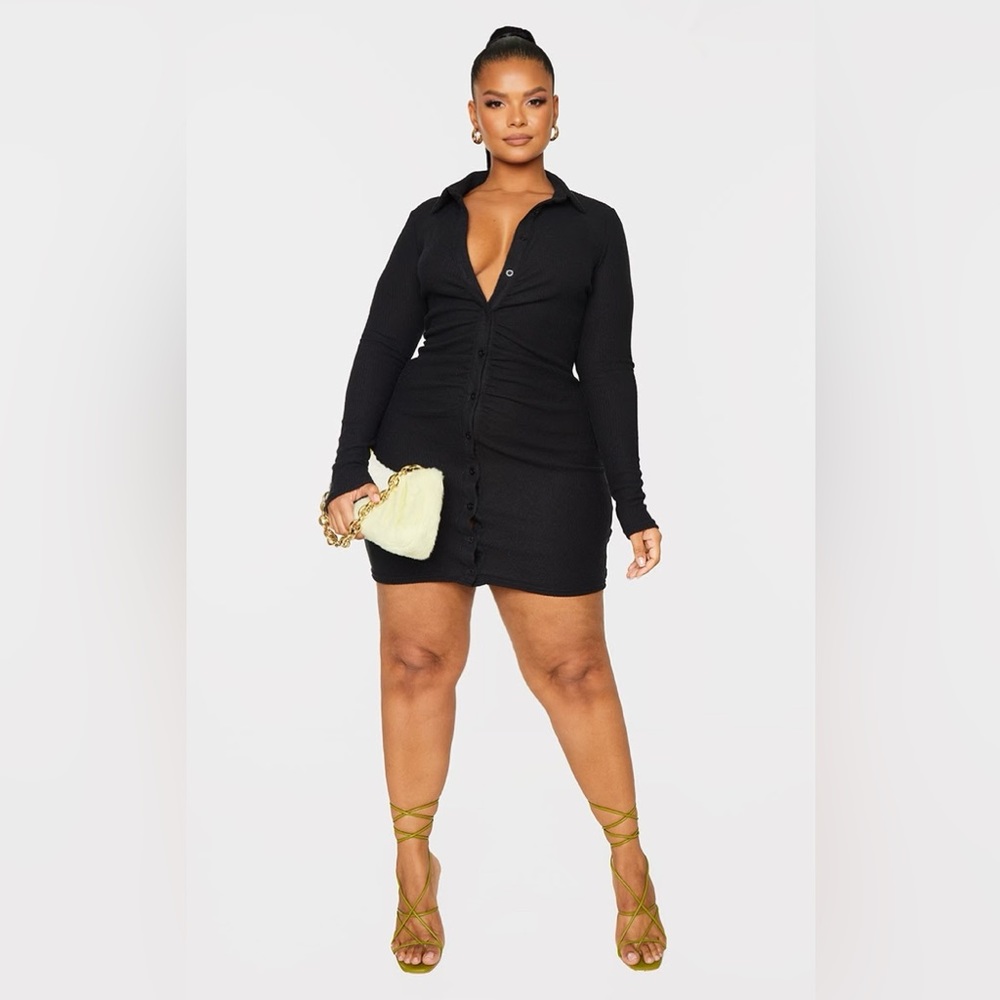 NWT Prettylittlething Plus Black Rib Long Sleeve Ruched Shirt Dress Size 24